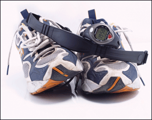 Figure 1. Sneakers with a wireless connection to a digital wristwatch can capture and record a runner's activities and provide valuable feedback for training analysis.