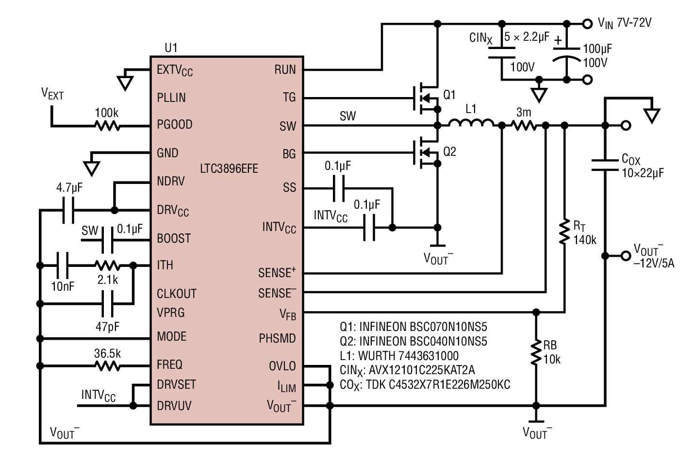 Figure 1. The –12V Output Converter (U1) Provides 5A to the Load in the Input Voltage Range from 7V to 72V. Note Control Signals RUN, PGOOD and PLLIN are Referenced to GND
