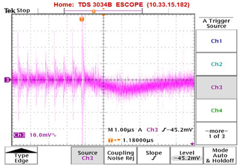 MAX5134 glitch impulse measurement using the same setup conditions as in Figure 7 but with a standard scope probe with long alligator ground clip connection to the PCB