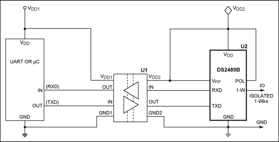 Figure 2. An isolated 1-Wire master circuit with a RX/TX protocol converter.