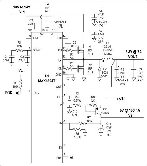 Figure 5. The MAX1864 dual-output circuit uses noise reduction.