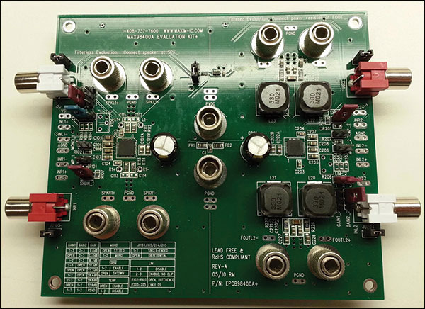 Figure 1. The MAX98400A started the whole project. The EV kit board has two 40W amps on it, and I was ready to build something that could be loud.