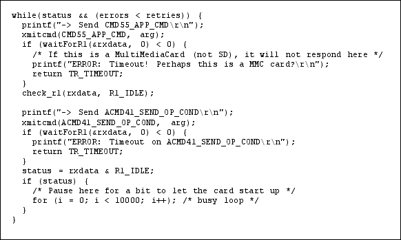 Listing 1. Code must identify SD and MMC cards using SEND_OP_COND.