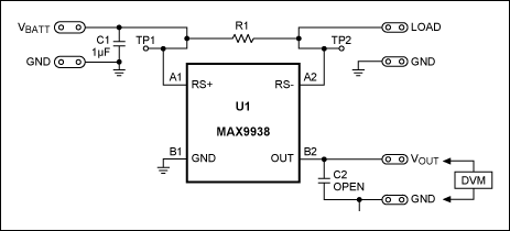 Figure 4. The MAX9938EV standard shunt is a 50mΩ, 4-terminal resistor (R1). R1 was bypassed with six 100mΩ resistors to give a 12.5mΩ shunt.