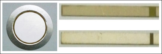 Figure 6. A 100VP-P single-layer piezo disc (SLD) at left; a 120VP-P (top right) and 30VP-P (lower right) multilayer piezo strip (MLS).