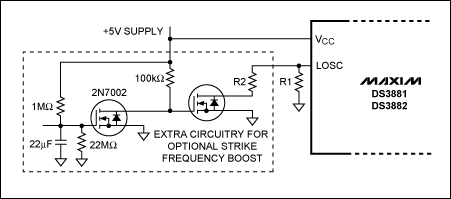 Figure 4. System configuration for implementing a strike frequency boost using the DS3881/DS3882 controllers under Hardware Control.