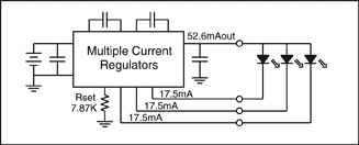 Figure 4. White LEDs are commonly powered in four different ways:  (a) a voltage source and ballast resistors, (b) a current source and ballast resistors, (c) multiple current sources, and (d) a current source with the LEDs in a series connection.