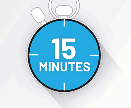 Graphic image shows an animated stopwatch with test results in only 15 minutes or less.The results are quicker, reduce costs and improves the patient's quality of life.