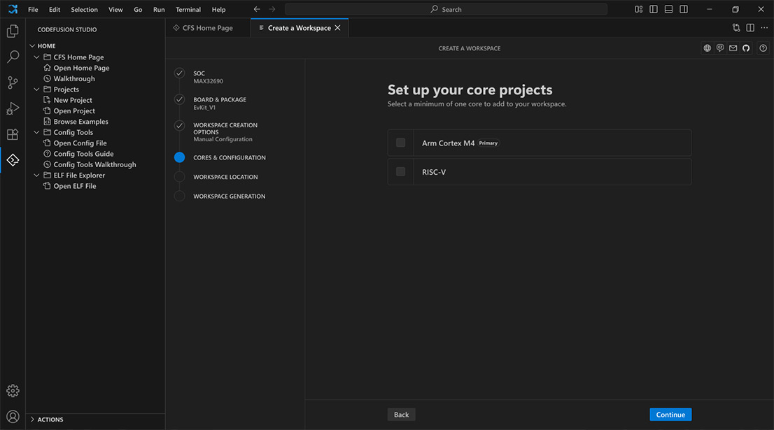 Core project selection screen in CodeFusion Studio for Arm Cortex M4 and RISC-V setup