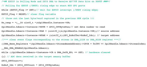 Figure 10. EXTI0 in polling mode and SPI4 DMA to receive AD7768 data bits on DOUT0. Figure 10. EXTI0 in polling mode and SPI4 DMA to receive AD7768 data bits on DOUT0.