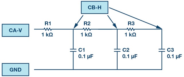 Figure 6. Third-order passive RC low-pass filter. Figure 6. Third-order passive RC low-pass filter.