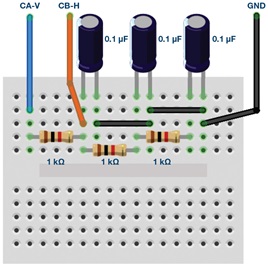 Figure 7. Third-order passive RC low-pass filter breadboard connections. Figure 7. Third-order passive RC low-pass filter breadboard connections.