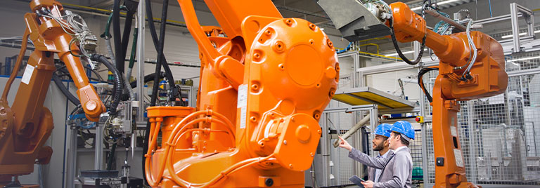 two workers inspect and discuss a series of robots working on their factory floor