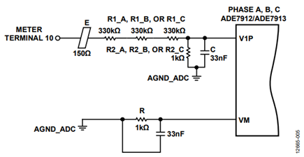 Figure 5. Interfacing the phase A ADE7912/ADE7913 with a voltage divider.