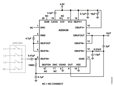 Figure 29. LFCSP AD8436 of High Impedance Input and Precision Output Buffers Configured to Accommodate High Impedance Sources and a Two-Pole, Sallen-Key Low-Pass Output Filter.