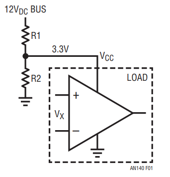 図1．12Vのバス入力からの3.3VDCを生成する抵抗分割器