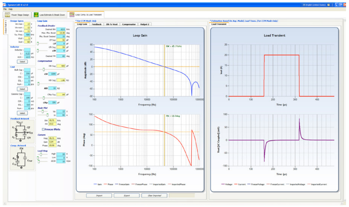 図16．ループ補償および負荷トランジェント応答を最適化する簡単な方法を提供するLTpowerCAD設計ツール（3相、シングル出力の降圧コンバータLTC3829の例）。