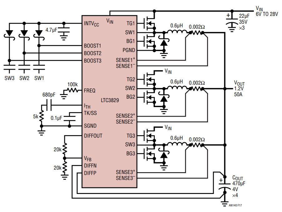 図17．LTC3829を使用した3相、単一出力の大電流降圧コンバータ