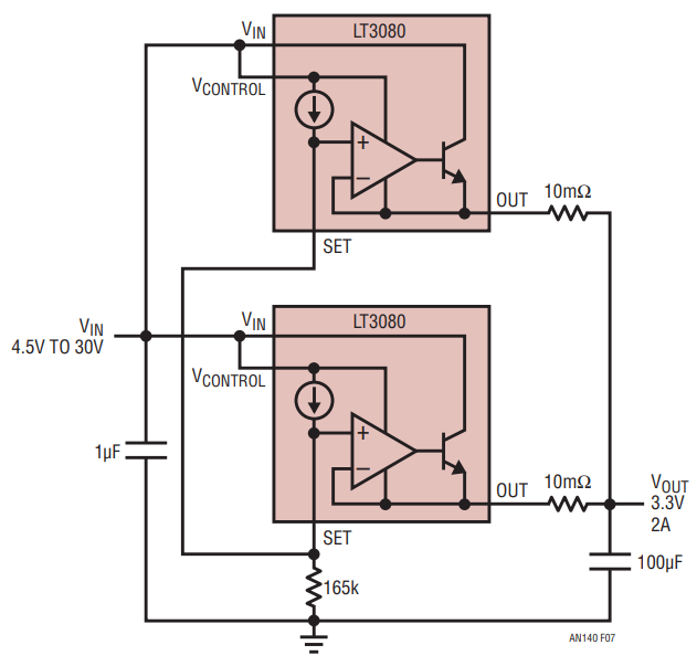 図7．2つのLT3080リニア・レギュレータの並列接続による出力電流の増大