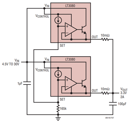 Paralleling of Two LT3080 Linear Regulators for Higher Output Current