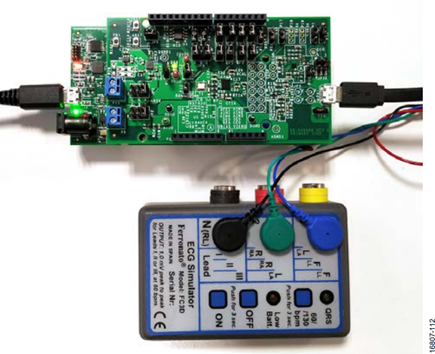 ECG Simulator Connected to Evaluation Board.