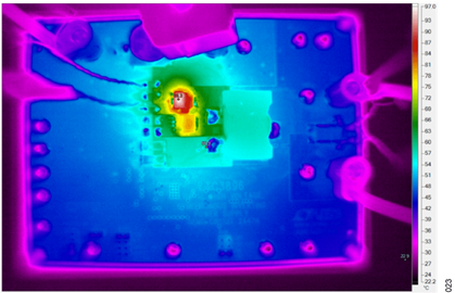 図22. 熱解析、V<sub>IN</sub> = +36V、V<sub>OUT</sub> = −48 V、I<sub>OUT</sub> = 2A(空気流なし). Figure 22. Thermal Analysis, VIN = +36 V, VOUT = −48 V, IOUT = 2 A (No Air Flow).