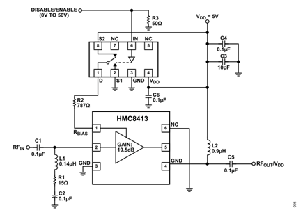 Figure 6. Using an SPDT analog switch and the RBIAS resistor to enable and disable the HMC8413, 10MHz to 9GHz LNA.