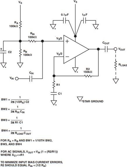 Figure 2. A Decoupled Single Supply Op Amp Biasing Circuit.