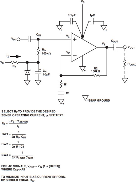 Figure 4. A Noninverting Single Supply Amplifier Using Zener Diode Biasing.