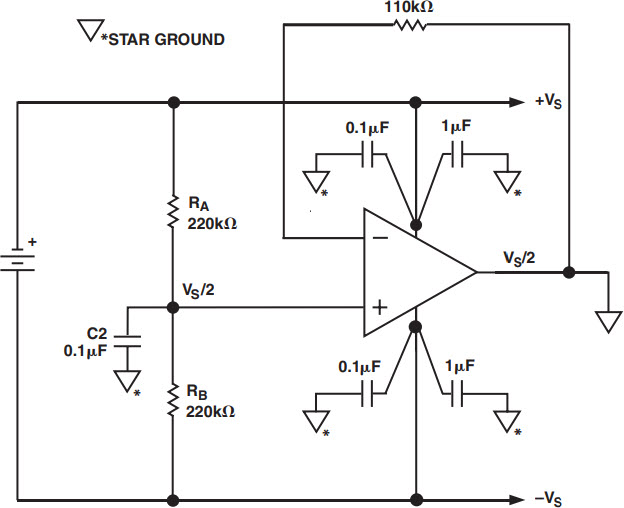 図7.バッテリ駆動のDC 結合アプリケーションに対して“仮想グラウンド”を提供するために使用するオペアンプ