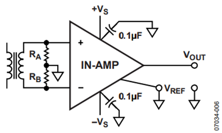 Figure 5. Correct method for transformer input coupling to an in-amp.