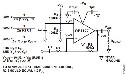 Figure 13. Proper decoupling for a single-supply inverting amplifier circuit. Midband gain = –R2/R1.