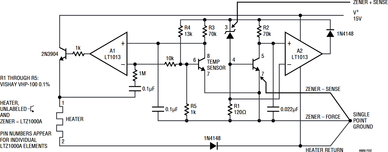 図I2．7VリファレンスはA1：ヒーター制御アンプ、A2：ツェナー電流レギュレータとLTZ1000Aツェナーを含む。ツェナーのケルビン接続と1 点接地に注目のこと