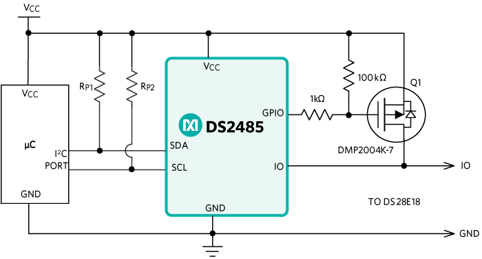 DS28E18 host configuration using DS2485 I2C-to-1-Wire bridge as 1-Wire master