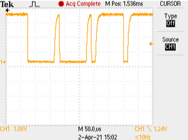 1-Wire line rising edges of an onboard DS28E18 at 10cm and 1000Ω  RPUP