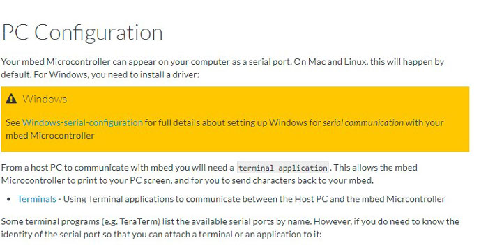 Displays PC Configuration section of the MAX32630FTHR Mbed landing page