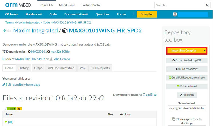 Highlights the Import into Compiler button with a red box on the MAX30101WING_HR_SPO2 repository.