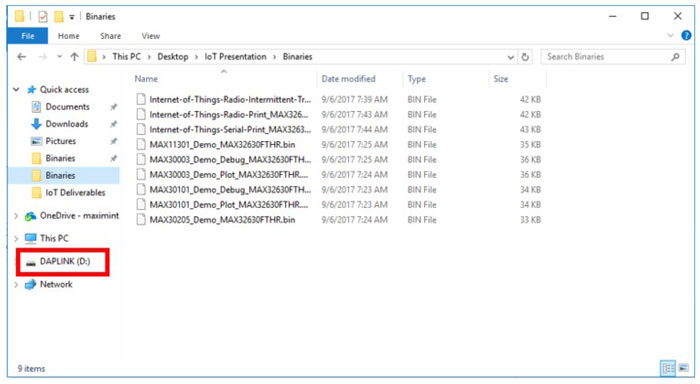 Drag the binary file onto the DAPLINK drive to program the microcontroller