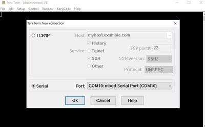 Tera Term opening window. Select the Serial radio button and the mbed Serial Port from the drop-down menu