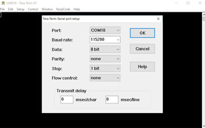Displays 115200bps baud rate selected in Tera Term