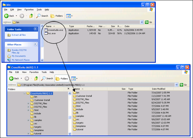 Figure 2. Copy the contents of the Rowley_DS279X_Files.zip bin folder to the CrossWorks MAXQ 1.1/bin folder.