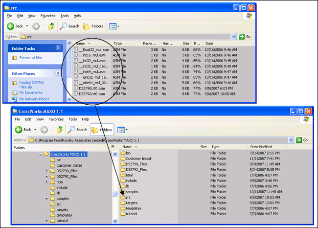 Figure 4. Copy the contents of the Rowley_DS279X_Files.zip src folder to the CrossWorks MAXQ 1.1/src folder.