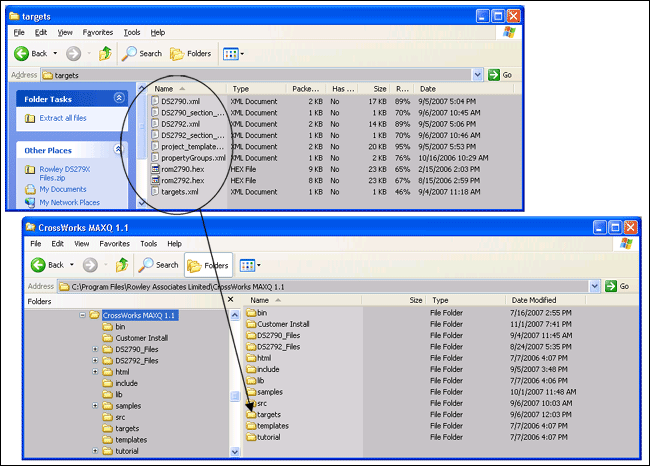 Figure 5. Copy the contents of the Rowley_DS279X_Files.zip targets folder to the CrossWorks MAXQ 1.1/targets folder.