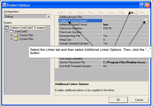 Figure 9. In the Linker tab, select Additional Linker Options and the 