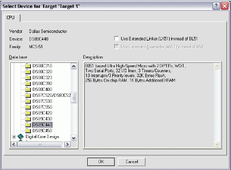 Figure 1. Selecting the device for a new Keil µVision2 project.