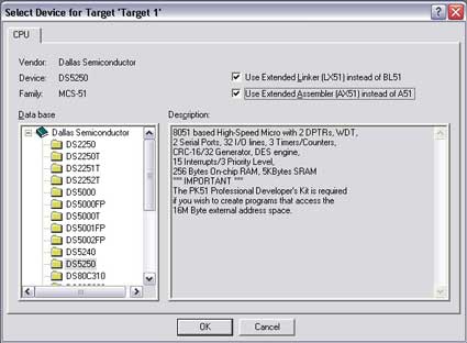 Figure 2.  Selecting the DS5250 for a new Keil µVision2 Project.