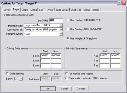 Figure 3.  Target option settings for the DS5250.