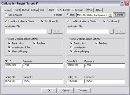 Figure 4.  Target debug settings for the DS5250.