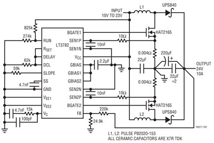 Figure 2a. Dual-Phase Boost Converter Reduces EMI and Ripple  Currents with a Minimum Input and Output Filtering.