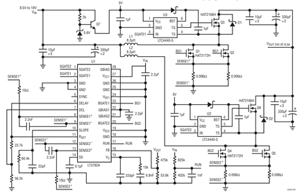 Figure 1. Synchronous Boost Converter Based on the LT3782A (VOUT = 24V at 8.5A, VIN = 8.5V to 18V).